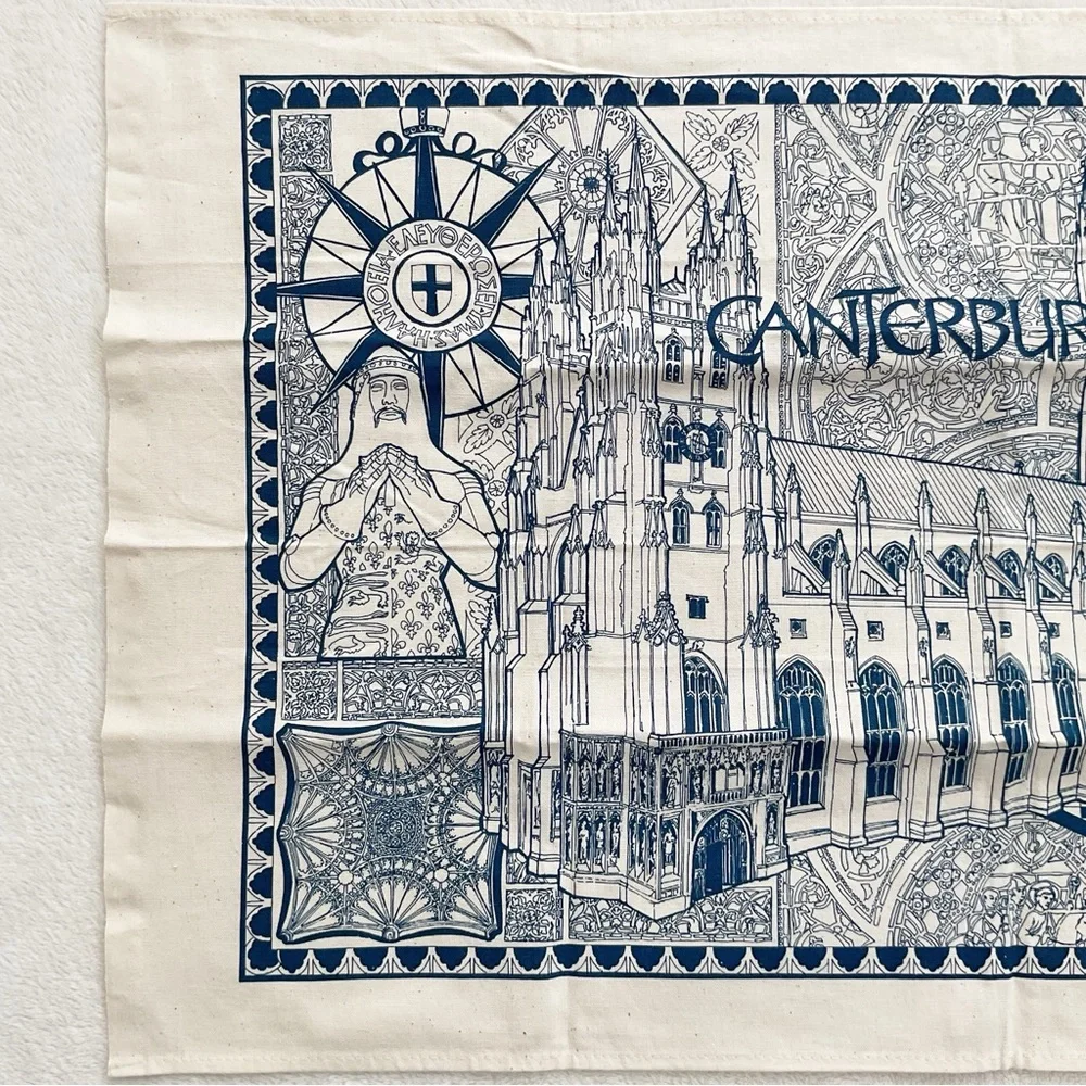 Vintage Canterbury Cathedral Tea Towel Stuart Morris Cotton Blue